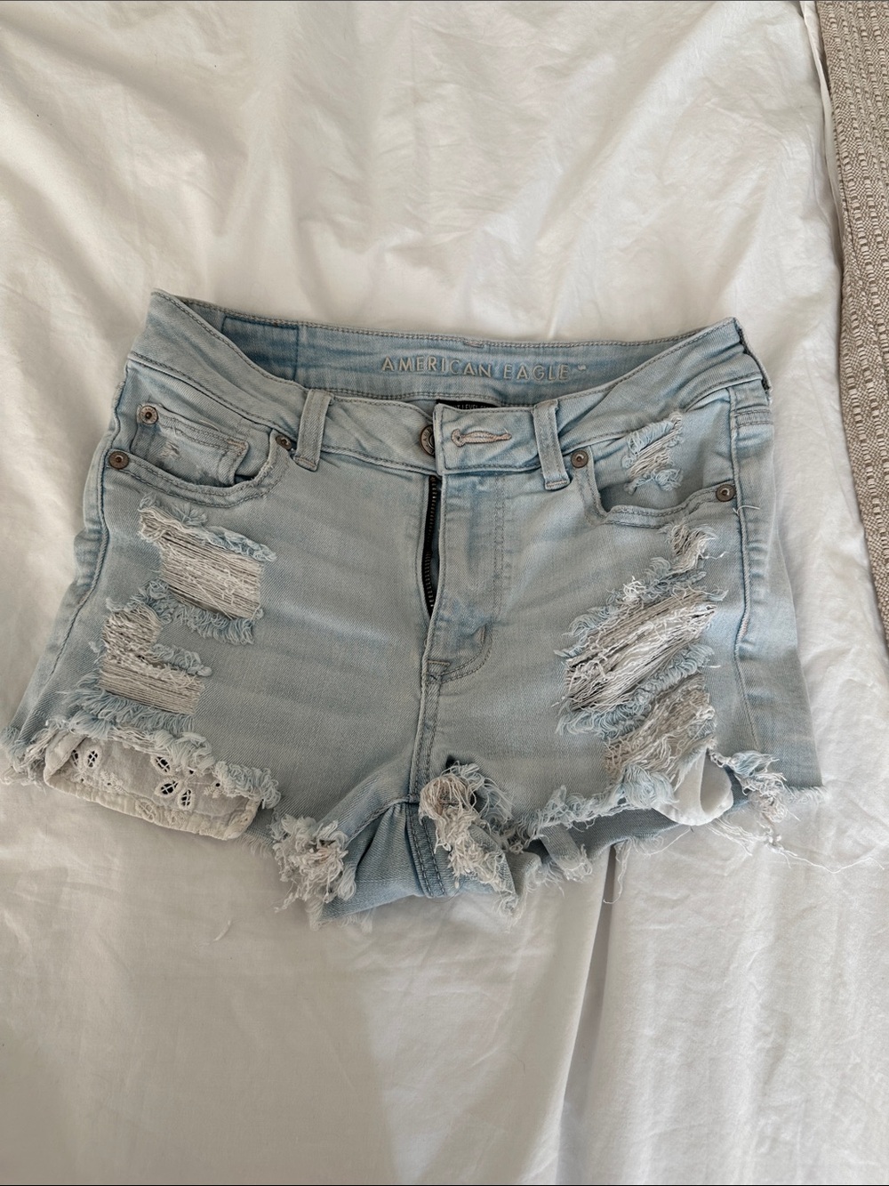 American Eagle Outfitters Light Blue Distressed Denim Lace-Accent Shorts
